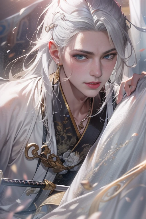 (A teenager brandishes a Chinese sword),Gentle gaze, affectionate, Surrounded by ink,surrounded by wind, actual, Clear face, The eyes are clear and bright, high detal, 电影灯光, motionblur, ray traycing, reflective light, (Close-up cleavage), tmasterpiece, Best quality, high high quality, Anatomically correct, ctextured skin, high detal, super detailing, 1080p, hyper HD, k hd,A boy with,White hair, eBlue eyes, antique man, swordsman, Long gray hair,, 鎖骨, Wear a necklace,Traditional Hanfu, Gorgeous costumes, xianxia, fanciful, gentleness, Dragon Totem, Glowing skin, rainwater, water dripping, Manteau blanc,Pure desire,Young person,The light is very gentle,ssmile