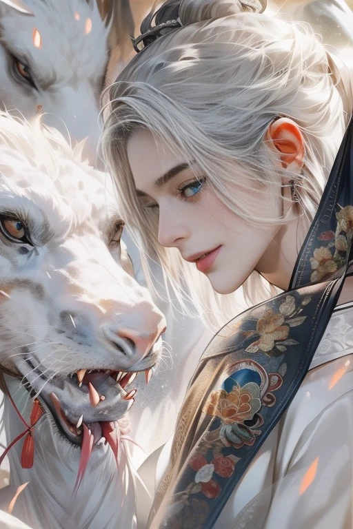 (A teenager wields a Chinese sword),Gentle gaze, With an antique feel, surrounded by ink,surrounded by wind, actual, Clear face, The eyes are clear and bright, high detal, 电影灯光, motionblur, ray traycing, reflective light, (Close-up cleavage), tmasterpiece, Best quality, high high quality, Anatomically correct, ctextured skin, high detal, super detailing, 1080p, hyper HD, k hd,A boy with,White hair, eBlue eyes, antique man, swordsman, Long gray hair,, 鎖骨, Wear a necklace，Traditional Hanfu, Gorgeous costumes, xianxia, dream-like, gentleness, Dragon Totem, Glowing skin, rainwater, water dripping, Manteau blanc,Pure desire,Young person,The light is very gentle,ssmile