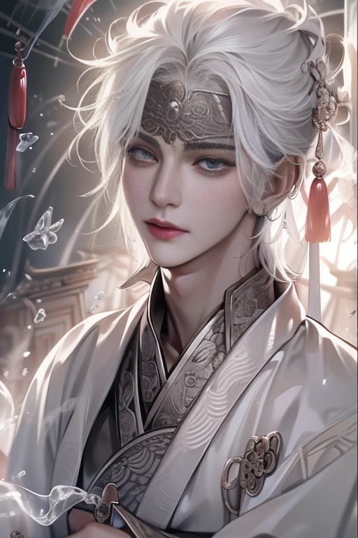 (A ager wields a Chinese sword),Gentle gaze, With an antique feel, surrounded by ink,surrounded by wind, actual, Clear face, The eyes are clear and bright, high detal, 电影灯光, motionblur, ray traycing, reflective light, tmasterpiece, Best quality, high high quality, Anatomically correct, ctextured skin, high detal, super detailing, 1080p, hyper HD, k hd,male people,A boy with,White hair, eBlue eyes, antique man, swordsman, Long gray hair,, 鎖骨, Wear a necklace,Traditional Hanfu, Gorgeous costumes, like a dream, gentleness, Dragon Totem, Glowing skin, rainwater, water dripping, Manteau blanc,Pure desire,Young person,The light is very gentle,ssmile
