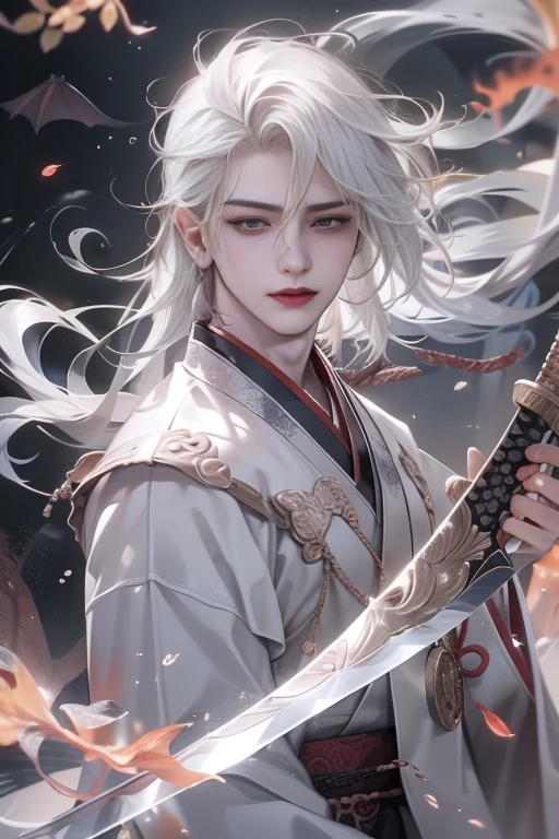 1 boy holds a book in his hand, long black hair,black dress,alone,(nighttime:1.2)long white hair, blue eyes,Chinese folk tales,Swordsman,