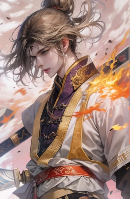 (A ager wields a Chinese sword),Golden flame,mtu,With an antique feel ,Adonis,surrounded by ink,surrounded by wind, Single horsetail,actual, Clear face, The eyes are clear and bright, high detal, 电影灯光, motionblur, Ray traching, reflective light, tmasterpiece, Best quality at best, high high quality, Anatomically correct, ctextured skin, high detal, super detailing, 1080p, hyper HD, k hd