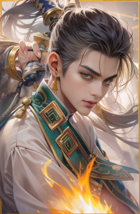 (A teenager wields a Chinese sword),Golden flame,mtu,With an antique feel ,Adonis,surrounded by ink,surrounded by wind, Single horsetail,actual, Clear face, The eyes are clear and bright, high detal, 电影灯光, motionblur, Ray traching, reflective light, tmasterpiece, Best quality at best, high high quality, Anatomically correct, ctextured skin, high detal, super detailing, 1080p, hyper HD, k hd