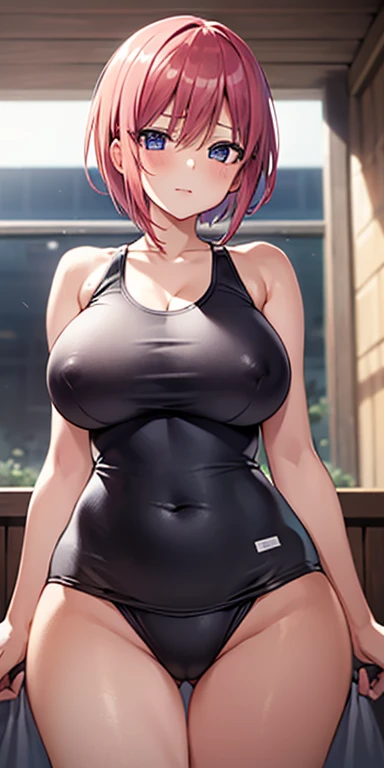 Best Quality, masutepiece, ((Solo, 1girl in)), Kazuka Nakano, Short hair, fine detailed shiny eyes, huge school swimsuit nipples bold pink hair