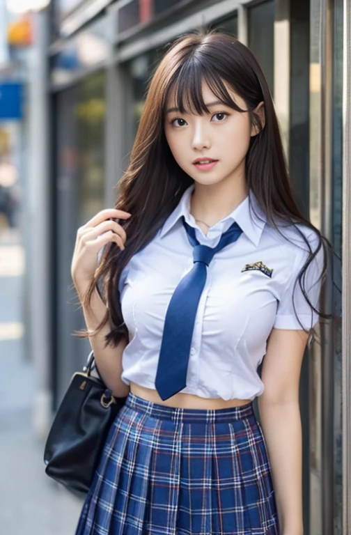 japanaese girl、 Girls、perfect body type、Transparency、large full breasts:1.8、School Uniforms、Navy blue tie、Navy blue skirt、Light blue shirt、hposing Gravure Idol