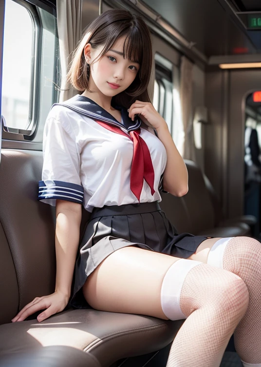 SFW, perfect face, (Soft Lighting with Many Follow lights),beautiful detailed eyes, extremely detailed, (masterpiece:1.25, best quality, photorealistic:1.37), SchoolGirls, lying, ass, spread legs, on back, legs up, In a subway seat、Cut-off sailor Uniform, underboob, (white panties), correct anatomy, (( correct limbs)), (4 fingers and one thumb, no extra finger), correct proportions, Princes tiara, Red ribbon, ((closeup)), without socks, Thumbs up