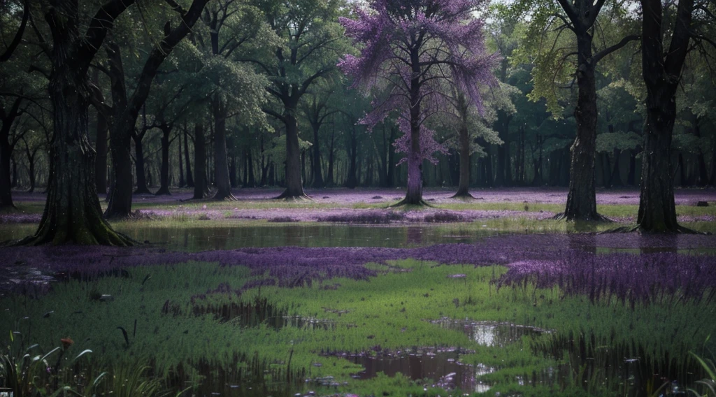 Hell's mystic mossy Swamp, waters contaminated with purple slimes and purple crystals on the ground and several trees glowing green and purple all over the swamp, 8k, 4k