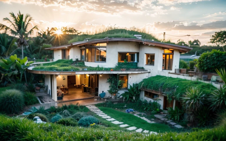 A photograph of a symmetrical contemporary house with (((green roof))) and (((biological pool))) in a tropical backyard, white plaster walls (((rustic clay stucco))), ((corner walls rounded)), ((rustic clay plaster)), (((white walls with rounded corners, organic curves))), (((rustic earth plaster, mud))), (((wave-shaped green roof with wooden edge))), (((wooden roof structure, wooden rake, wooden fascia board))), eaves, porch with wooden pillar, ((roof with wooden structure)), In Bali (((Tropical garden))) , ((natural houses, organic buildings, organic architecture)), Ecovillage, sustainable architecture, Bioconstruction, solarpunk architecture, (((grass roof, green roof, green wave roof, rounded roof, vegetated roofs))), ( (green architecture)), Passive house, (((Rock Foundation))), Clear sky in the background, painful beauty, modern, imposing, green house, ((Bali Hadid Style)), super resolution, cinematic, color grading , editorial photography, photography, photo shoot, (((dramatic front eye top angle view))), O 50mm, depth of field, intricate details, natural colors, sharp focus, warm light, shutter speed 1/1000 , F/22 , White Balance, Ray Trace Reflections, Lumen Reflections, Screen Space Reflections, Diffraction Rating, Chromatic Aberration, GB Shift, Partial Lighting, Backlighting, Daylighting, Scan Lines, ambient occlusion, antialiasing, shaders, OpenGL-Shaders, GLSL-Shaders, Post-processing, post-production, shading, tone mapping, incredibly detailed and complex, hypermaximalist, elegant, hyperrealistic, super detailed, dynamic pose, Fujifilm XT3