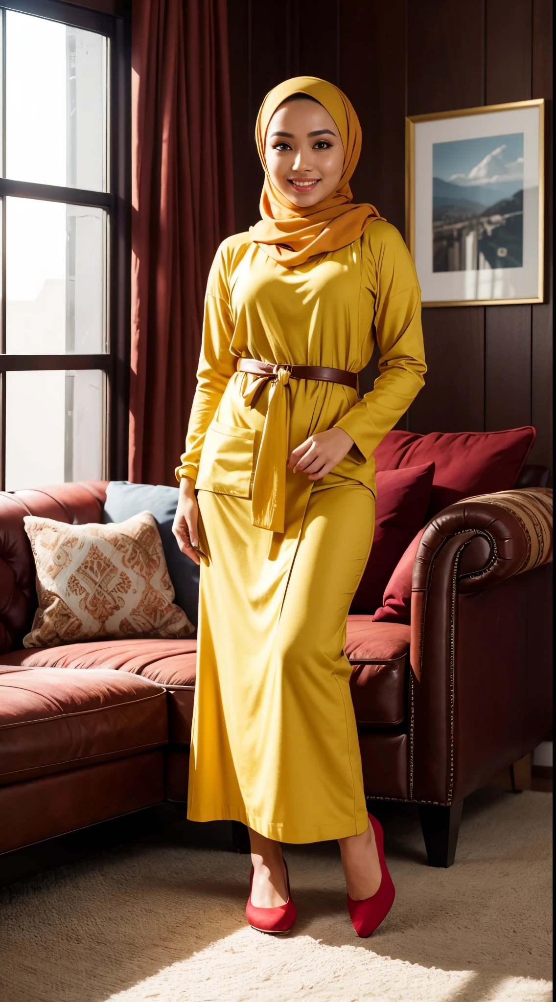 Hijab mature malay woman, big breast natural, satin silk robe with Leggings, high heels, in the Balcony, realistic.