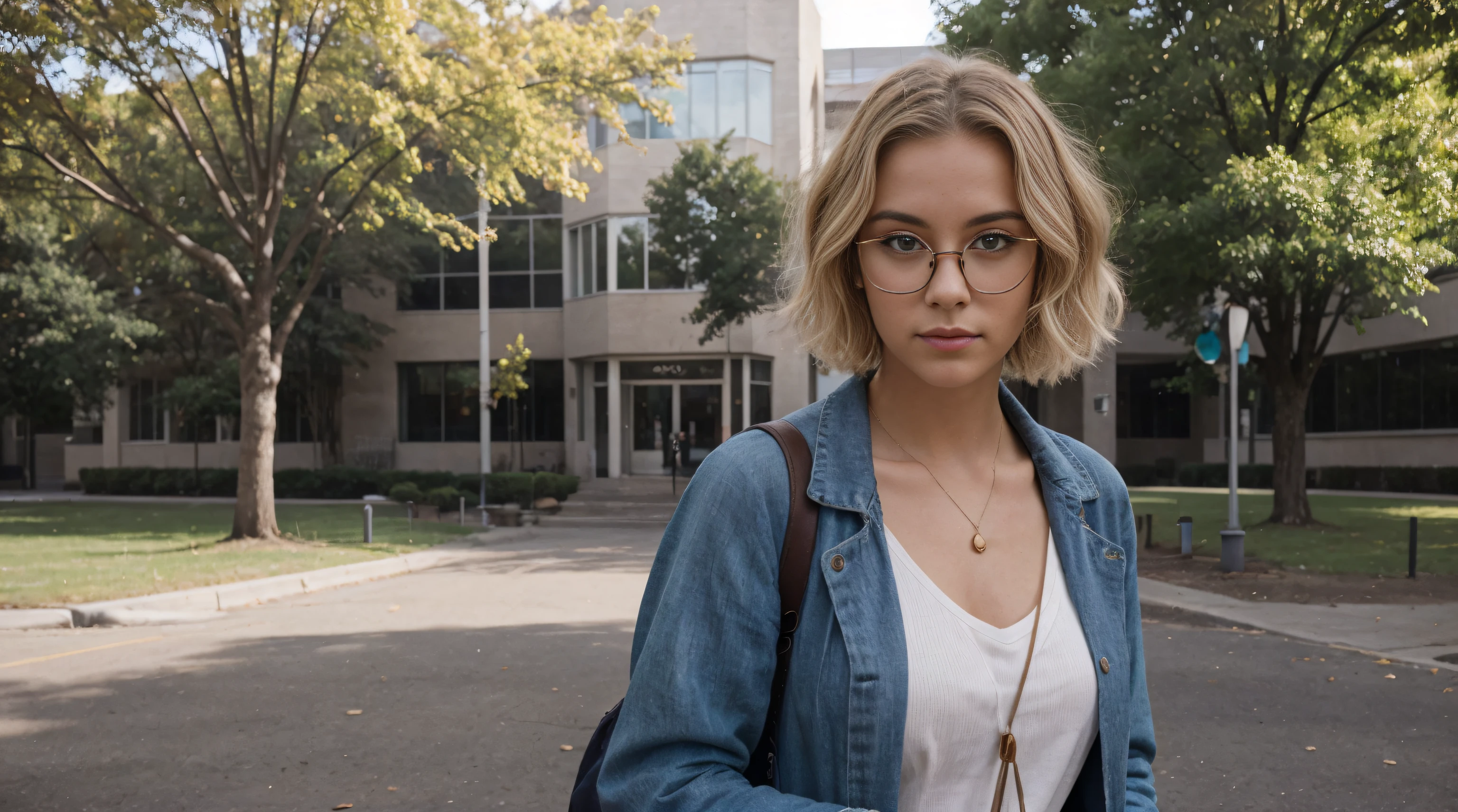 In the soft glow of a sunlit afternoon on the university campus, a confident and vibrant model with short, blonde hair adorned in the colors of the LGBTQI+ spectrum exudes individuality and pride. With fair skin and a pair of stylish glasses, she adds an intellectual touch to her expressive and colorful ensemble. Dressed in a fashion-forward outfit, the model showcases her unique style. The sunlight bathes the campus in warmth, casting a gentle play of light and shadows on the surroundings. The camera adeptly captures the nuanced details of her appearance, highlighting the textures of her clothing and the natural elements of the environment. Her short, blonde hair is a canvas for a playful display of LGBTQI+ colors, creating a dynamic and eye-catching effect. The colors are carefully woven into the hair, symbolizing inclusivity and diversity. The glasses add a touch of sophistication, complementing the overall look. Facial features are carefully portrayed, capturing the essence of a confident and expressive demeanor. The glasses enhance the model's intellectual appeal, while her engaging gaze adds depth and personality to the scene. The camera angles offer various perspectives, capturing the model in motion as she navigates through the campus scenery. The vibrant colors in her hair stand out against the greenery, creating a visually stunning and celebratory display of individuality and pride. This detailed image prompt aims to celebrate the radiant diversity and unique style of a model with short, blonde hair adorned in LGBTQI+ colors, wearing glasses and confidently embracing her identity on the university campus.