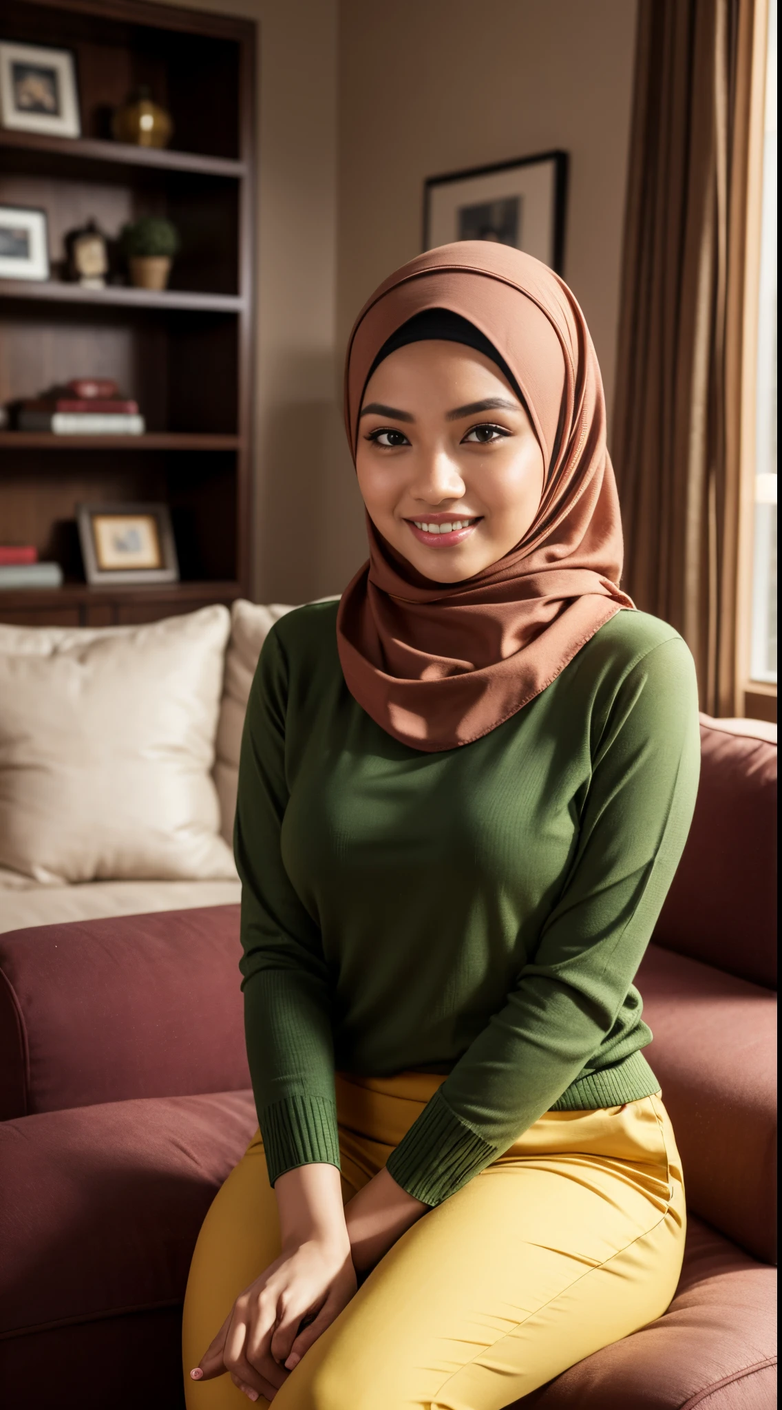 RAW, Best quality, high resolution, masterpiece: 1.3), beautiful Malay woman in hijab (iu:0.8)1beautiful  Malay womanRAW, Best quality, high resolution, masterpiece: 1.3), beautiful Malay woman in hijab (iu:0.8),1beautiful Malay woman,wearing red sweater, yellow apron, green pants, red flats, looking at viewer, sost smile, big breast, happy, indoors,living room, sitting on couch, legs crossed, soft lighting, extreme detail, hdr,