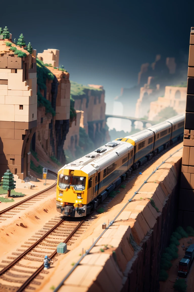 Lego, train, canyon, isometric, focus,