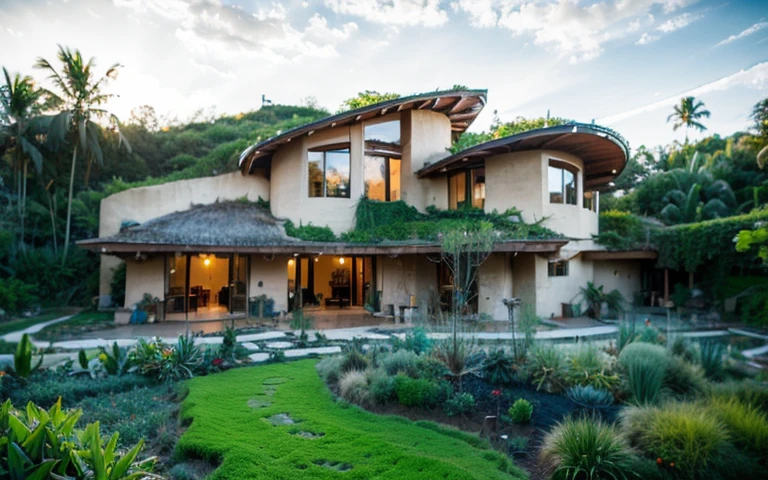 A photograph of a symmetrical contemporary house with (((green roof))) and (((biological pool))) in a tropical backyard, white plaster walls (((rustic clay stucco))), ((corner walls rounded)), ((rustic clay plaster)), (((white walls with rounded corners, organic curves))), (((rustic earth plaster, mud))), (((wave-shaped green roof with wooden edge))), (((wooden roof structure, wooden rake, wooden fascia board))), eaves, porch with wooden pillar, ((roof with wooden structure)), In Bali (((Tropical garden))) , ((natural houses, organic buildings, organic architecture)), Ecovillage, sustainable architecture, Bioconstruction, solarpunk architecture, (((grass roof, green roof, green wave roof, rounded roof, vegetated roofs))), ( (green architecture)), Passive house, (((Rock Foundation))), Clear sky in the background, painful beauty, modern, imposing, green house, ((Bali Hadid Style)), super resolution, cinematic, color grading , editorial photography, photography, photo shoot, (((dramatic front eye top angle view))), O 50mm, depth of field, intricate details, natural colors, sharp focus, warm light, shutter speed 1/1000 , F/22 , White Balance, Ray Trace Reflections, Lumen Reflections, Screen Space Reflections, Diffraction Rating, Chromatic Aberration, GB Shift, Partial Lighting, Backlighting, Daylighting, Scan Lines, ambient occlusion, antialiasing, shaders, OpenGL-Shaders, GLSL-Shaders, Post-processing, post-production, shading, tone mapping, incredibly detailed and complex, hypermaximalist, elegant, hyperrealistic, super detailed, dynamic pose, Fujifilm XT3