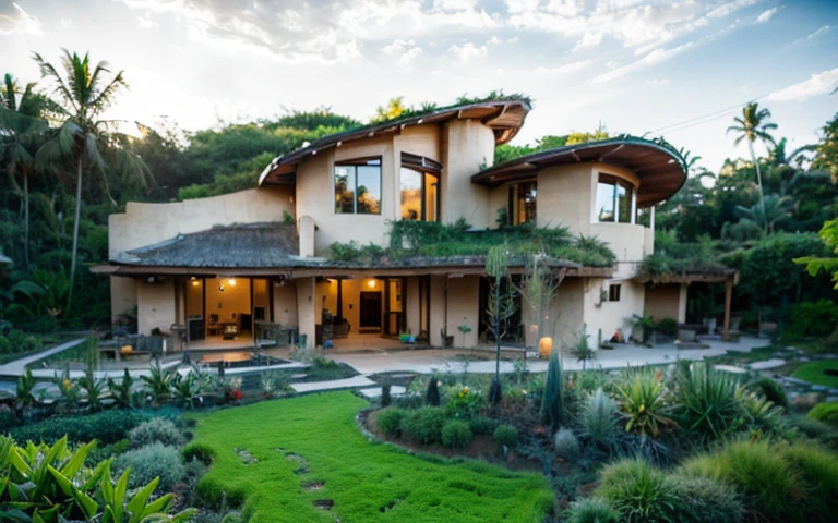 A photograph of a symmetrical contemporary house with (((green roof))) and (((biological pool))) in a tropical backyard, white plaster walls (((rustic clay stucco))), ((corner walls rounded)), ((rustic clay plaster)), (((white walls with rounded corners, organic curves))), (((rustic earth plaster, mud))), (((wave-shaped green roof with wooden edge))), (((wooden roof structure, wooden rake, wooden fascia board))), eaves, porch with wooden pillar, ((roof with wooden structure)), In Bali (((Tropical garden))) , ((natural houses, organic buildings, organic architecture)), Ecovillage, sustainable architecture, Bioconstruction, solarpunk architecture, (((grass roof, green roof, green wave roof, rounded roof, vegetated roofs))), ( (green architecture)), Passive house, (((Rock Foundation))), Clear sky in the background, painful beauty, modern, imposing, green house, ((Bali Hadid Style)), super resolution, cinematic, color grading , editorial photography, photography, photo shoot, (((dramatic front eye top angle view))), O 50mm, depth of field, intricate details, natural colors, sharp focus, warm light, shutter speed 1/1000 , F/22 , White Balance, Ray Trace Reflections, Lumen Reflections, Screen Space Reflections, Diffraction Rating, Chromatic Aberration, GB Shift, Partial Lighting, Backlighting, Daylighting, Scan Lines, ambient occlusion, antialiasing, shaders, OpenGL-Shaders, GLSL-Shaders, Post-processing, post-production, shading, tone mapping, incredibly detailed and complex, hypermaximalist, elegant, hyperrealistic, super detailed, dynamic pose, Fujifilm XT3
