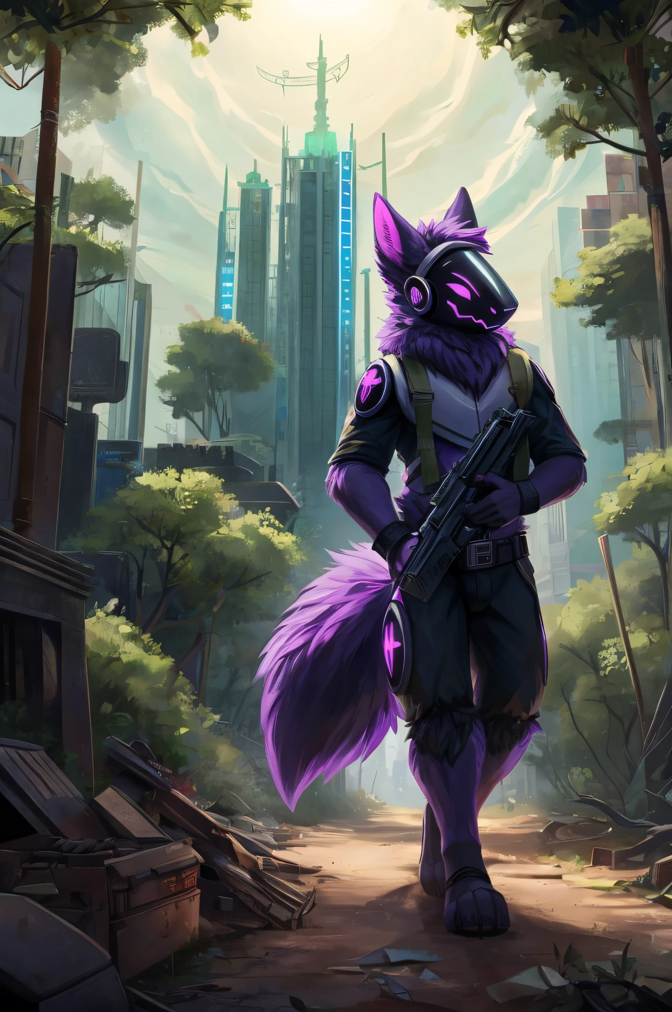 Protogen, furry art, masterpiece, great anatomy, black fur, neon purple body details, detailed background, fluffy tail, male, nature everywhere, green areas, bushes, plants, trees, roots, solo, city, big buildings, detailed illumination, apocalypse, colapsed city, carrying a backpack, holding a gun.