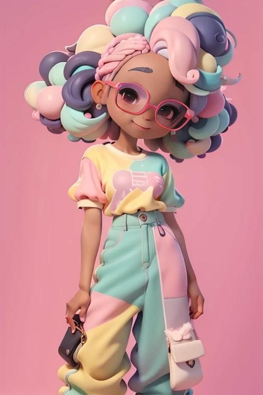 Loli negra multicolorida, Fofa, romantic nerd style, delicate and elegant glasses, moleton, capuz, Camiseta, Pants, tons pastel multicolor, sorriso meigo e delicado,  corpo inteiro, olhos delicados e  cabelos afro preso multicolor, fundo simples e branco