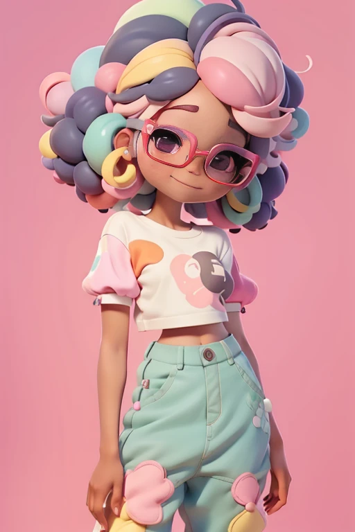 Loli negra multicolorida, Fofa, romantic nerd style, delicate and elegant glasses, moleton, capuz, Camiseta, Pants, tons pastel multicolor, sorriso meigo e delicado, corpo inteiro, olhos delicados e cabelos afro preso multicolor, fundo simples e branco