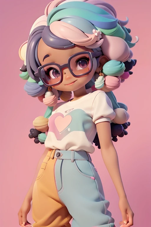 negra multicolorida, Fofa, romantic nerd style, delicate and elegant glasses, moleton, capuz, Camiseta, Pants, tons pastel multicolor, sorriso meigo e delicado, corpo inteiro, olhos delicados e cabelos afro preso multicolor, fundo simples e branco