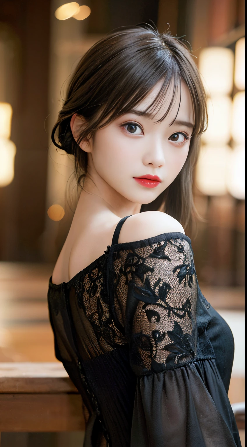 masutepiece, Best Quality, Illustration, Ultra-detailed, finely detail, hight resolution, 8K Wallpaper, Perfect dynamic composition, Beautiful detailed eyes, black trend long sleeve,Straight hair,small tits,Natural Color Lip,luxury home bedroom、20 years girl、Cute、sexy look at the camera,Cute,Perfect and beautiful face