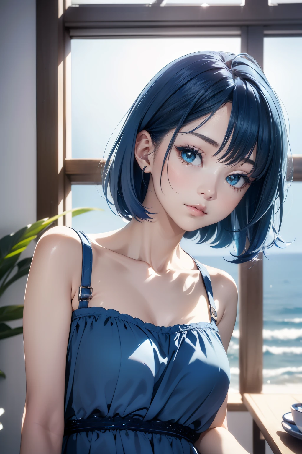 (((horizon blue world:1.3)))、Best Quality, masutepiece, High resolution, (((1girl in))), sixteen years old,(((i am horizon blue:1.3)))、horizon blue dress、a short bob,((horizon blue shirt:1.3、horizon blue color block dress)), Tindall Effect, Realistic, Shadow Studio,Ultramarine Lighting, dual-tone lighting, (High Detail Skins: 1.2)、Pale colored lighting、Dark lighting、 Digital SLR, Photo, High resolution, 4K, 8K, Background blur,Fade out beautifully、horizon blue world