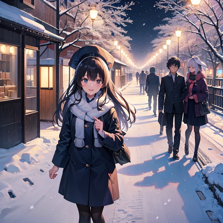 Fukuoka city of Japan, season winter, peypeydorm. lovers is happy tonight. walking , snowing town.