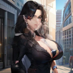 High Quality, masterpiece (mommy) hooligan. detailed eyes. black hair, black eyes, hot mature woman, big breasts, big ass,(((sfw))), dressed as a secretary, In the context of a city street.