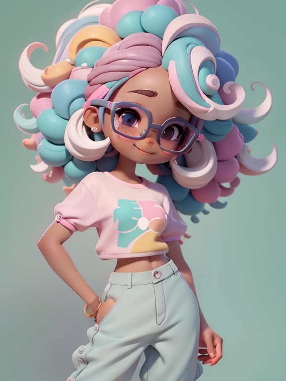 negra multicolorida, Fofa, romantic nerd style, delicate and elegant glasses, moleton, capuz, Camiseta, Pants, tons pastel multicolor, sorriso meigo e delicado, corpo inteiro, olhos delicados e cabelos afro preso multicolor, fundo simples e branco