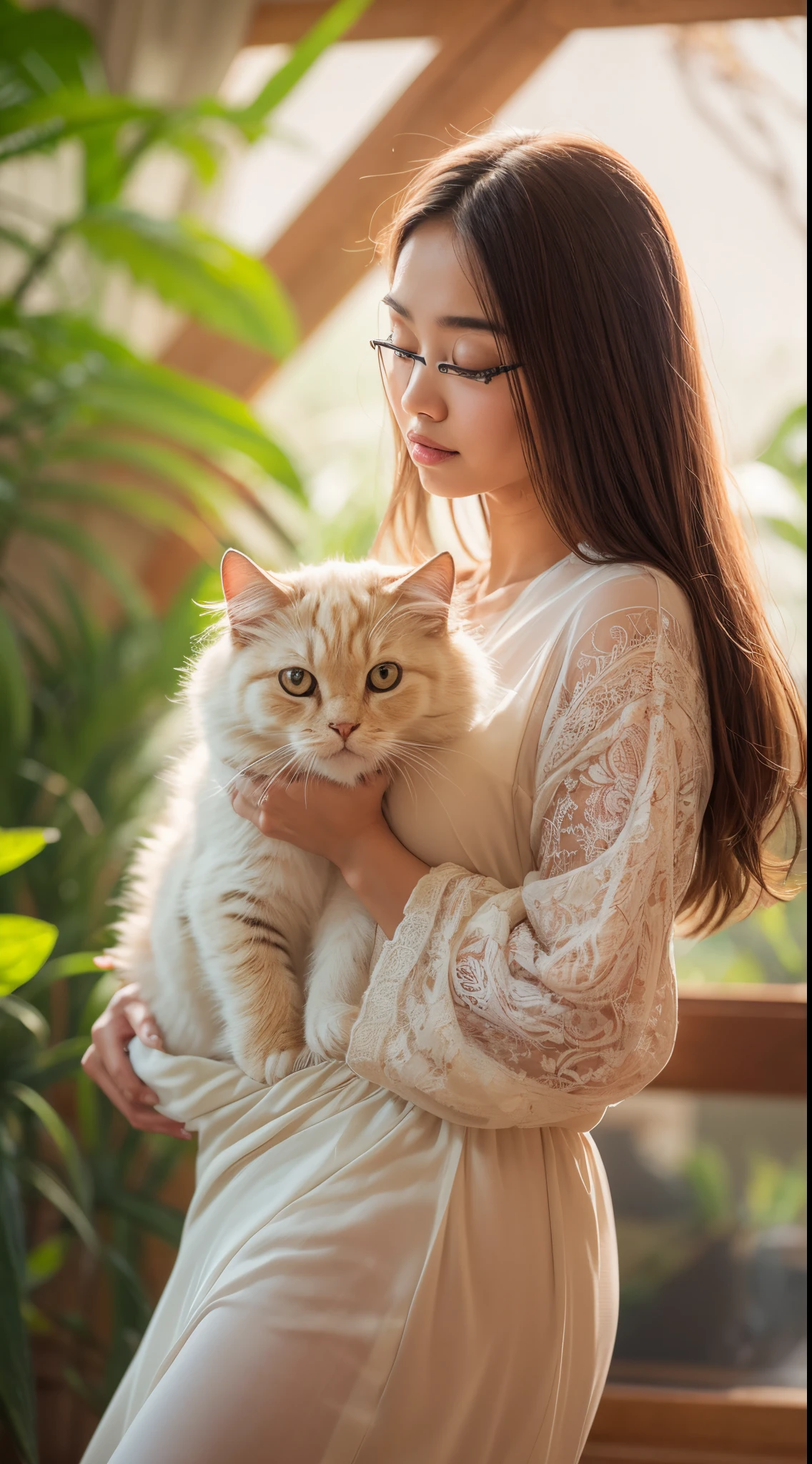 Design a heartwarming scene as the young Malay woman interacts with her beloved very big cat pet, very big fluffy white persian cat, very cute malay woman with beautiful small petite body, wear small baju kurung, wear glasses, round glasses, very long golden brown hair, very long haircut with bangs, small petite body, beer belly, small waist, slim, wide hips, thick thighs, showcasing the bond between them in a cozy home setting, bright lighting, happy, 8k, high quality, ray lighting,