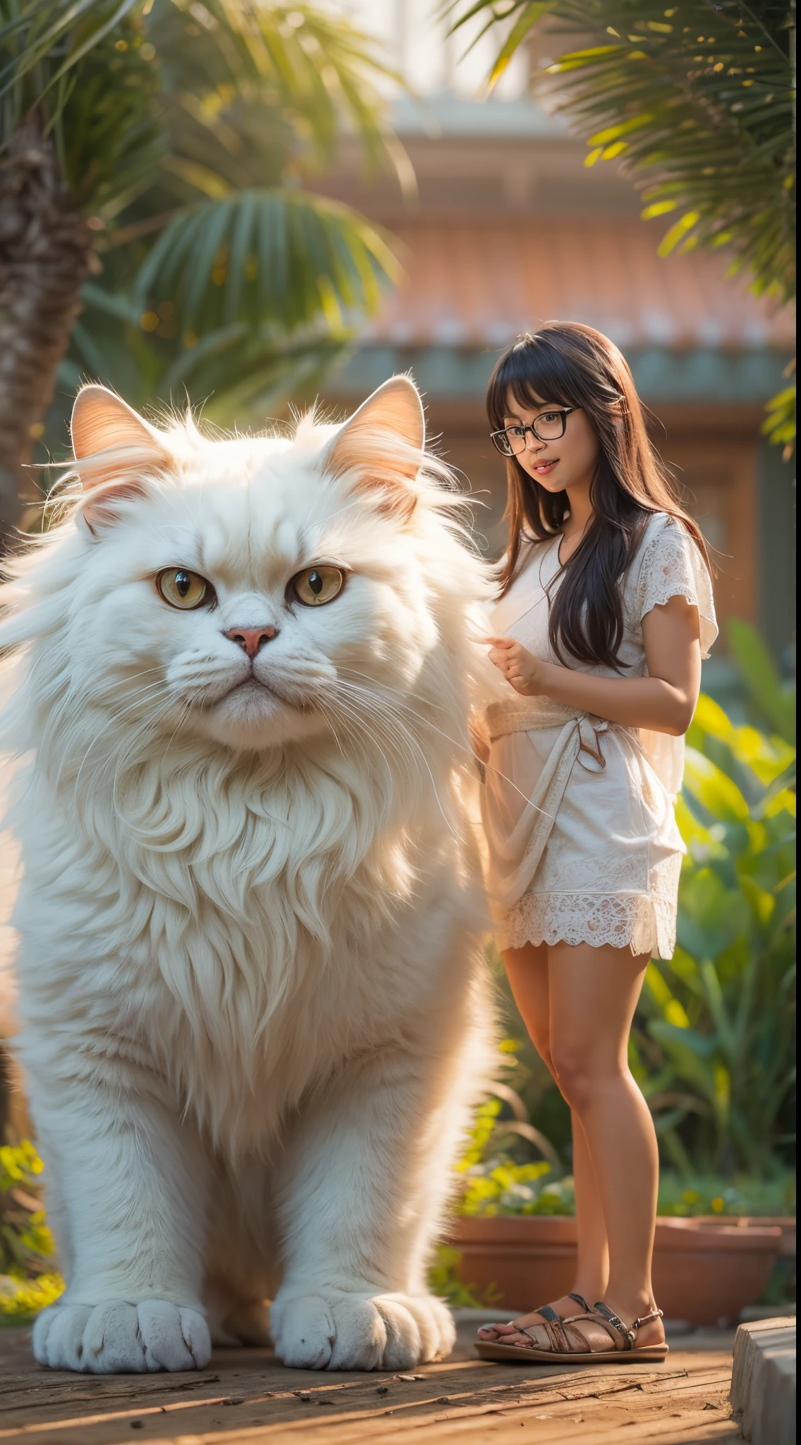 Design a heartwarming scene as the young Malay woman interacts with her beloved very big cat pet, very big fluffy white persian cat, very cute malay woman with beautiful small petite body, wear small baju kurung, wear glasses, round glasses, very long golden brown hair, very long haircut with bangs, small petite body, beer belly, small waist, slim, wide hips, thick thighs, showcasing the bond between them in a cozy home setting, bright lighting, happy, 8k, high quality, ray lighting,