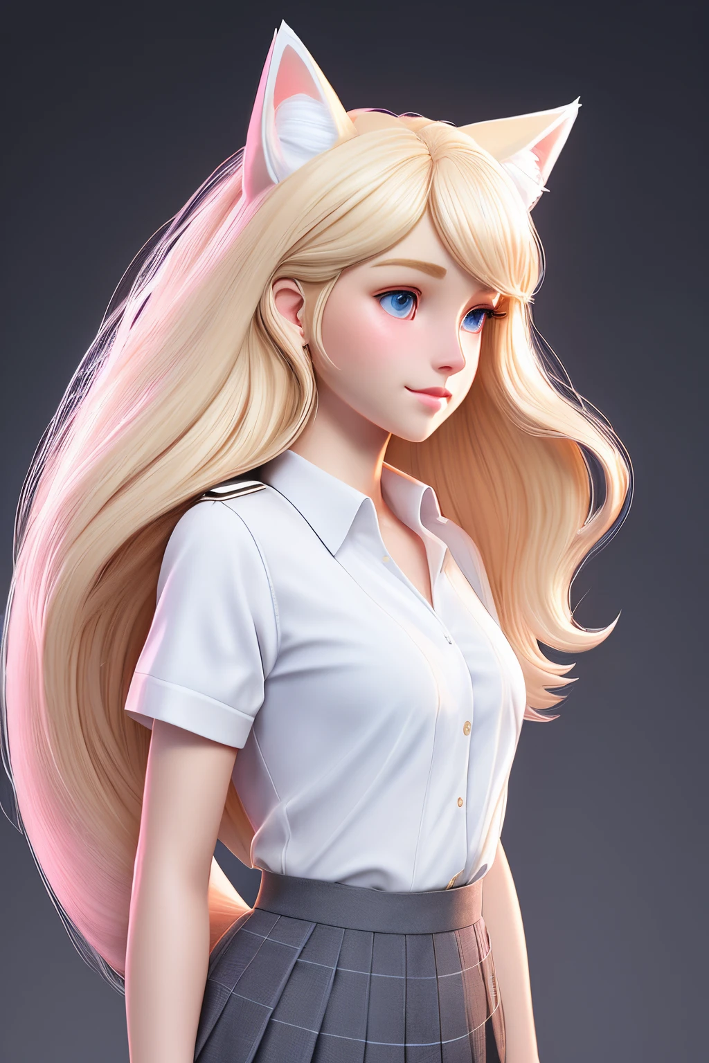 close up 1girl in, ager, Solo, Aesthetic artwork, blond, straight blonde hair, super long blonde hair, light blue eyes, some small freckles, pale skin, small breasts, cleavage, runners body, (thin hips, thin waist: 1.25), detailed skin, neutral face, shy smile, wearing a short sleeve button down white blouse, unbuttoned, (short pleated skirt pink:1.15), school girl uniform, (white fox ear, white fox tail:1.25), (full body: 1.1), side view, very detailed city roof background, rooftop, overlooking midnightcity, 24mm, 4k textures, soft cinematic light, RAW intricate, elegant, highly detailed, sharp focus, ((((cinematic look)))), soothing tones, insane details, intricate details, hyperdetailed, low contrast, soft cinematic light, dim colors, exposure blend, hdr, faded