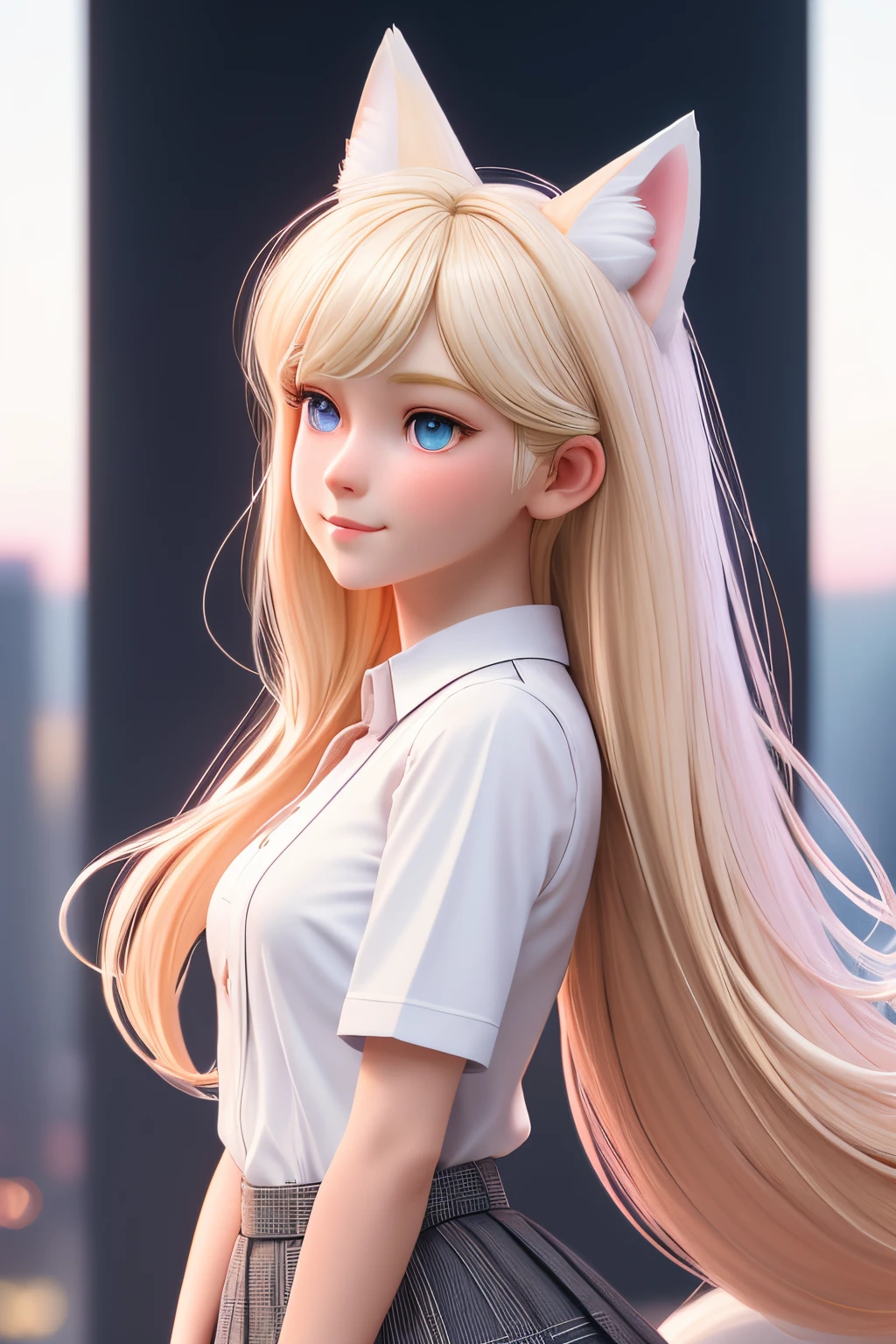 close up 1girl in, ager, Solo, Aesthetic artwork, blond, straight blonde hair, super long blonde hair, light blue eyes, some small freckles, pale skin, small breasts, cleavage, runners body, (thin hips, thin waist: 1.25), detailed skin, neutral face, shy smile, wearing a short sleeve button down white blouse, unbuttoned, (short pleated skirt pink:1.15), school girl uniform, (white fox ear, white fox tail:1.25), (full body: 1.1), side view, very detailed city roof background, rooftop, overlooking midnightcity, 24mm, 4k textures, soft cinematic light, RAW intricate, elegant, highly detailed, sharp focus, ((((cinematic look)))), soothing tones, insane details, intricate details, hyperdetailed, low contrast, soft cinematic light, dim colors, exposure blend, hdr, faded