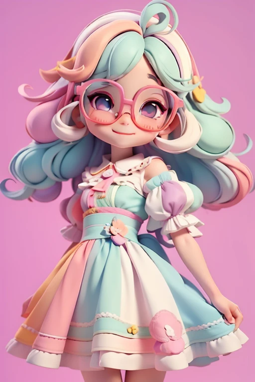 loli multicolor, fofa, romantic nerd style, delicate and elegant eyeglasses, roupas delicadas e grandes, tons pastel multicolor, sorriso meigo e delicado, corpo inteiro, olhos delicados e cabelos multicolor, fundo simples e branco