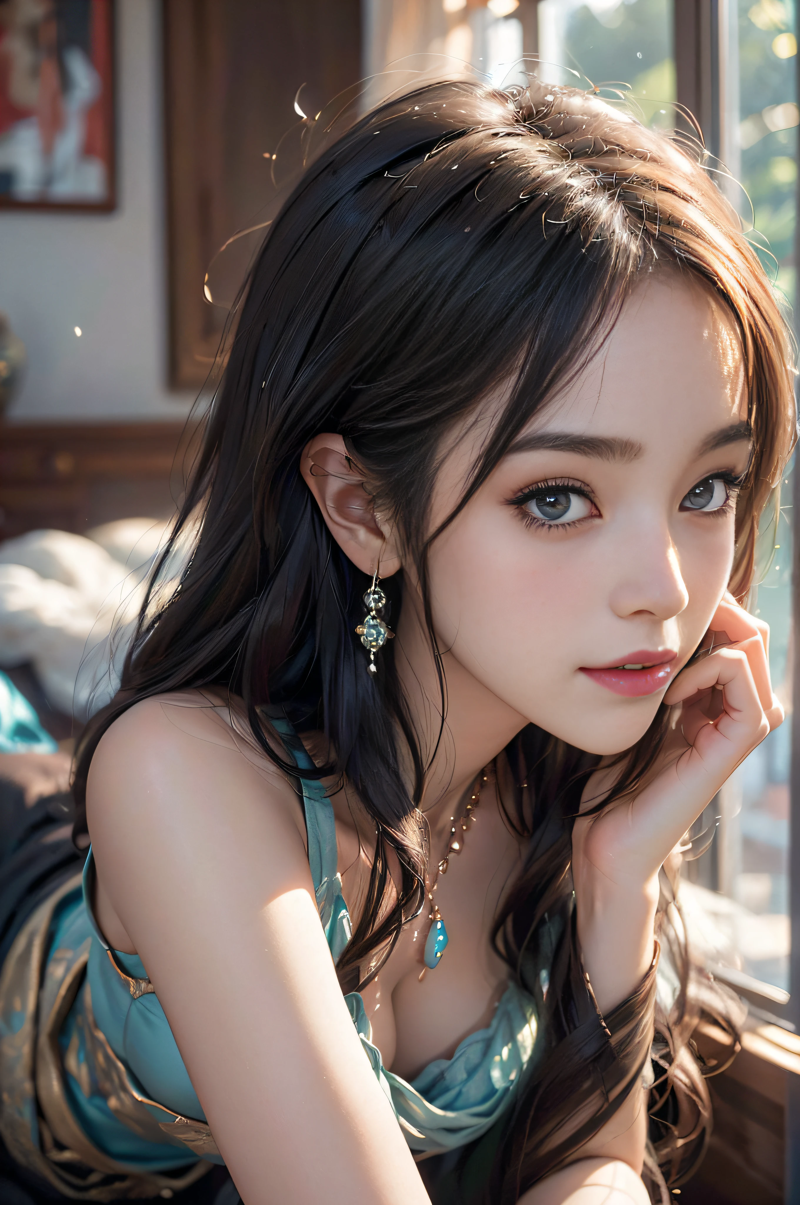 (Hands and knees on all fours:1.3),, Seen from directly above:1.3), Sticking out the buttocks、Colossal tits、Slim waist、pantyhose、sexy lingerie、A bracelet、Best Quality, offcial art, extremely detailed CG unified 8k wallpaper, Best Quality, Lots of details, masutepiece, Ultra-detailed, Illustration, Realistic, (nffsw:1.4), (Cinematic), (PastelColors, dim colors, Soothing tones:1.3), 8K_wall-paper, (Natural Skin Texture, hyperphotorealism, Soft light, sharp), (Extremely detailed), Professional Lighting, Illuminator, extremely delicate and beautiful girl, Beautiful detailed eyes, hair messy,(Beautiful perfect hands:1.5), Beautiful earrings, a necklace, (Modern mansion on luxury living room window background), (The living room is decorated with luxurious interiors and luxurious rugs), (light coming through the window), (Blurred background), chandeliers, (No one is in the background:1.3), Antic Properties, Solo, (Only one person:1.5) ((Sexual innuendo)), Seductive smile,, (Looking up at the viewer),