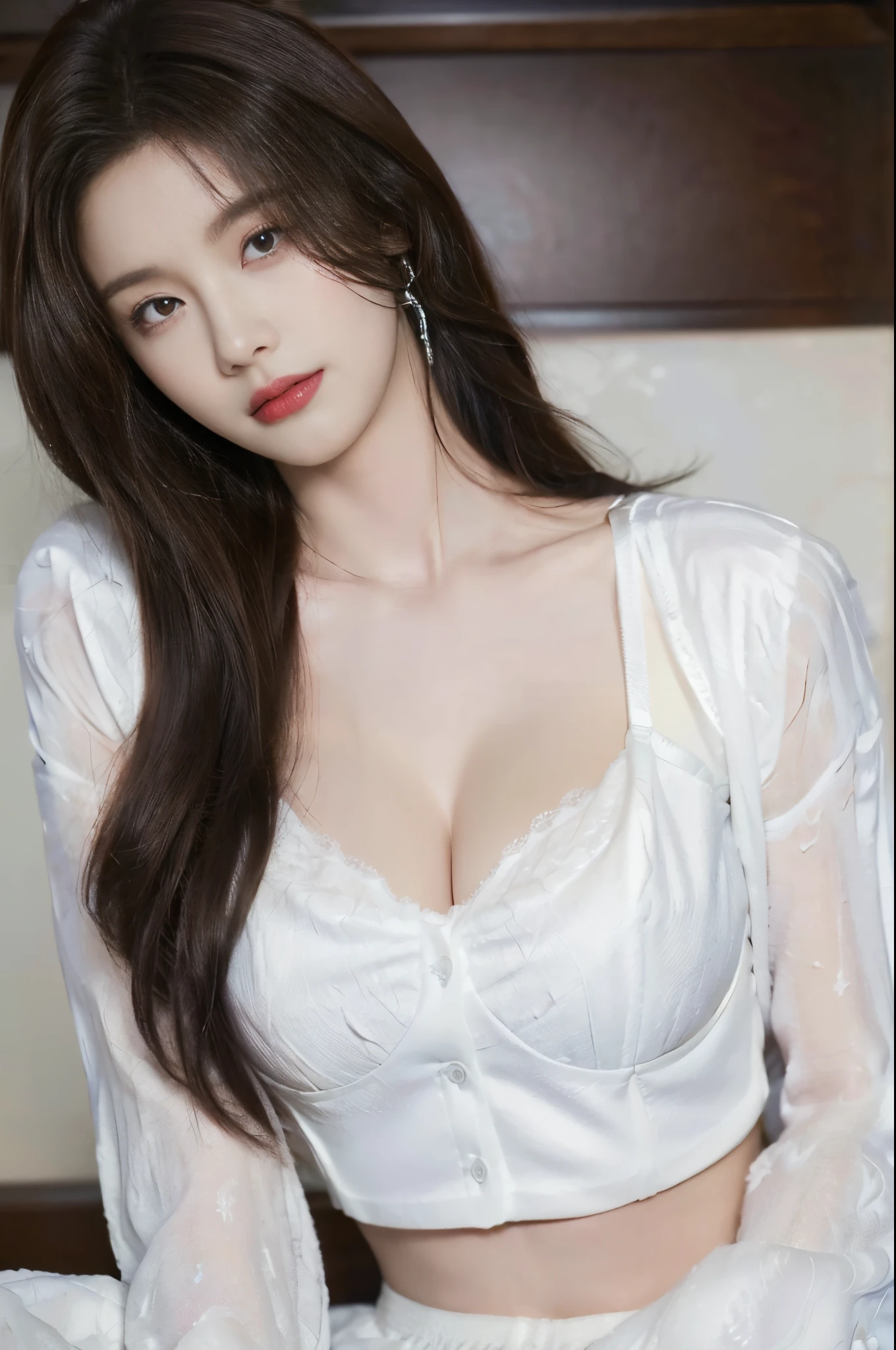 ((Best quality, 8k, Masterpiece :1.3)), Sharp focus :1.2, A pretty woman with perfect figure :1.4, Slender abs :1.2, ((Dark brown hair, Big breasts :1.2)), (White button up long shirt :1.1), ((show cleavage with bra:1.2)),City street:1.2, Highly detailed face and skin texture, Detailed eyes, Double eyelid,