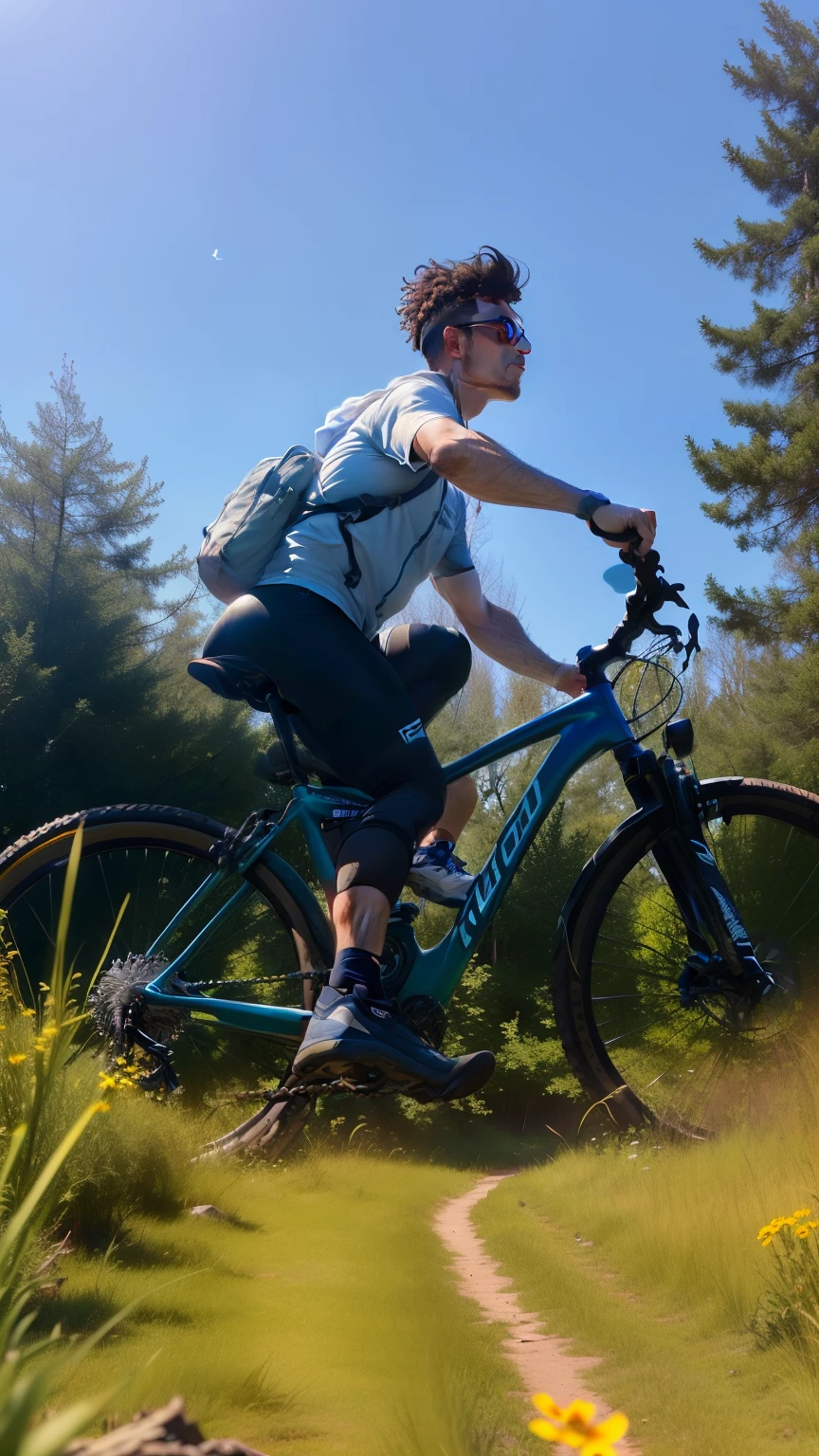 arafed man riding a bike on a trail in the woods,