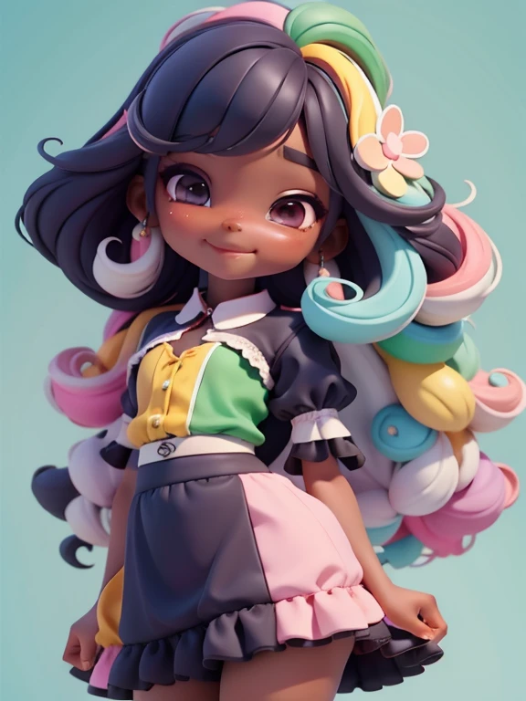 loli negra multicolor, fofa, roupas delicadas e grandes, tons pastel multicolor, sorriso meigo e delicado, corpo inteiro, olhos delicados e cabelos multicolor, fundo simples e branco
