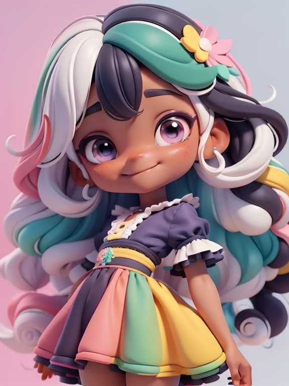 loli negra multicolor, fofa, roupas delicadas e grandes, tons pastel multicolor, sorriso meigo e delicado, corpo inteiro, olhos delicados e cabelos multicolor, fundo simples e branco