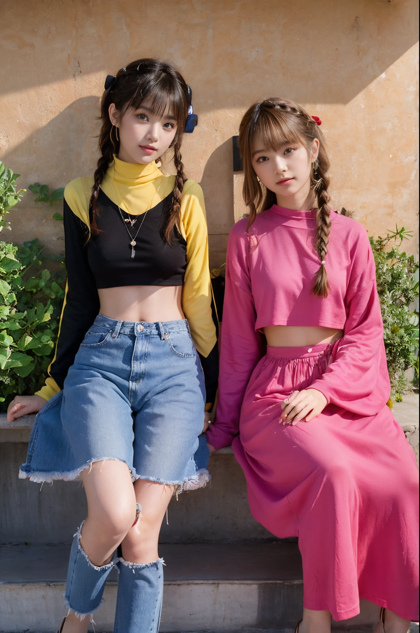 The proportions are the same for all races, All faces and pictures must be different,(ulzzang-6500-v1.3,pureeroface_v1,octane rendering),elegant pose,xxmix girl women, High level of image quality、Like a shot with an SLR、Super detailed illustration of two women, Duo,sisterhood ,sitted,Petting the,closeup portrait,hugs,strabismus:1.4,Depicting the eternal beauty and spirit of two women in 1990. they have a braided hairstyle as used to be in the 80's with lots of thin braids. They wore low-rise jeans and crop tops, 90s clothes. environment in the 1990s, Ms. Schiffer's work. _电影灯光_v2