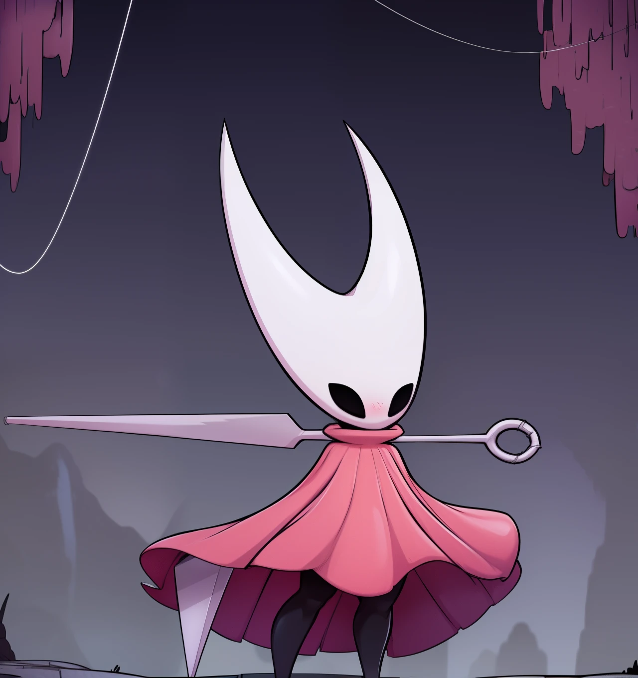 hornet, cute, chibi, no feet, furry female, anthro, needle weapon, thread, standing, solo, red cloak, (best quality), (detailed dark cave background:1.2), looking at viewer, holding weapon, flat colors, nsfw, flashing boobs, pink nipples