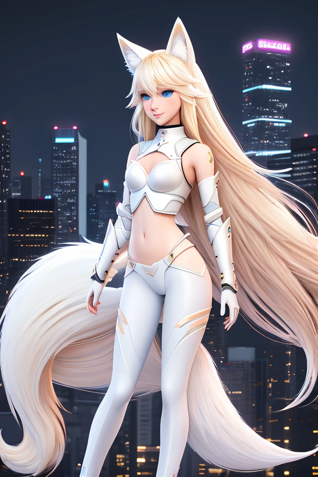 close up 1girl in, ager, Solo, Aesthetic artwork, blond, straight blonde hair, super long blonde hair, light blue eyes, some small freckles, pale skin, small breasts, cleavage, runners body, (thin hips, thin waist: 1.25), detailed skin, neutral face, shy smile, wearing pink black futuristic bikini armor, light blooms, (white fox ear, white fox tail:1.25), (full body: 1.1), side view, very detailed city roof background, rooftop, overlooking midnightcity, 24mm, 4k textures, soft cinematic light, RAW intricate, elegant, highly detailed, sharp focus, ((((cinematic look)))), soothing tones, insane details, intricate details, hyperdetailed, low contrast, soft cinematic light, dim colors, exposure blend, hdr, faded