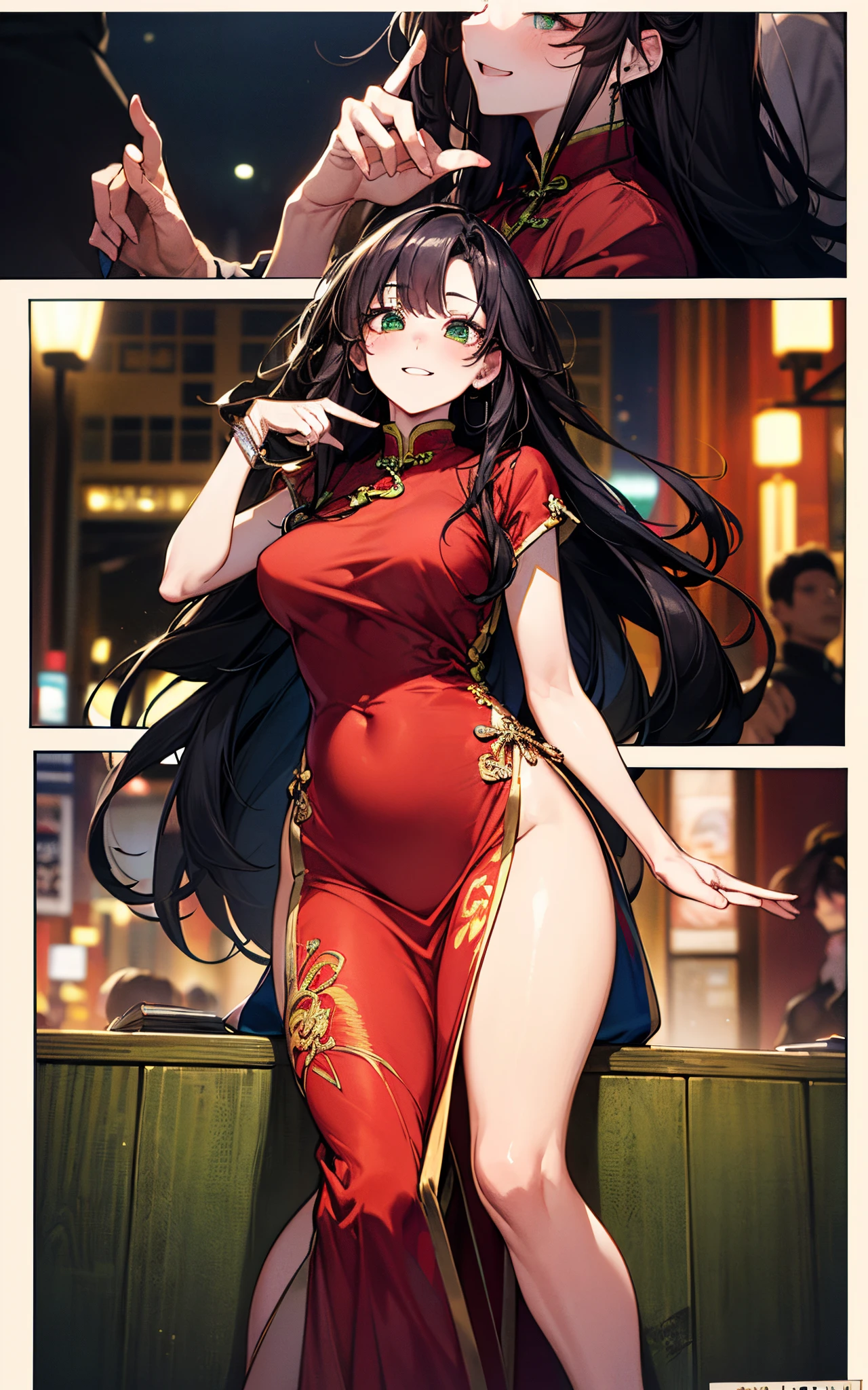 Positive Focus、top-quality、hight resolution、super precision、8K、(1人の女性)、(((extra detailed face)))、8 head body、
Colorful、Fine skin、Deep slit、
Beautie、Bright expression、resplendent smile、red blush、plump eyes、Eyes sparkle、(((Longhaire)))、
(((Luxury cheongsam)))、(((green cheongsam dress)))、ample breasts、thighs thighs thighs thighs、
(Downtown Japan)、(Crowds)、
Watching the viewer、 (Long)、
(((hair adornments)))、(Hide your fingertips)、(((Refers to 5 books)))、 (Composition looking up from a low position)、