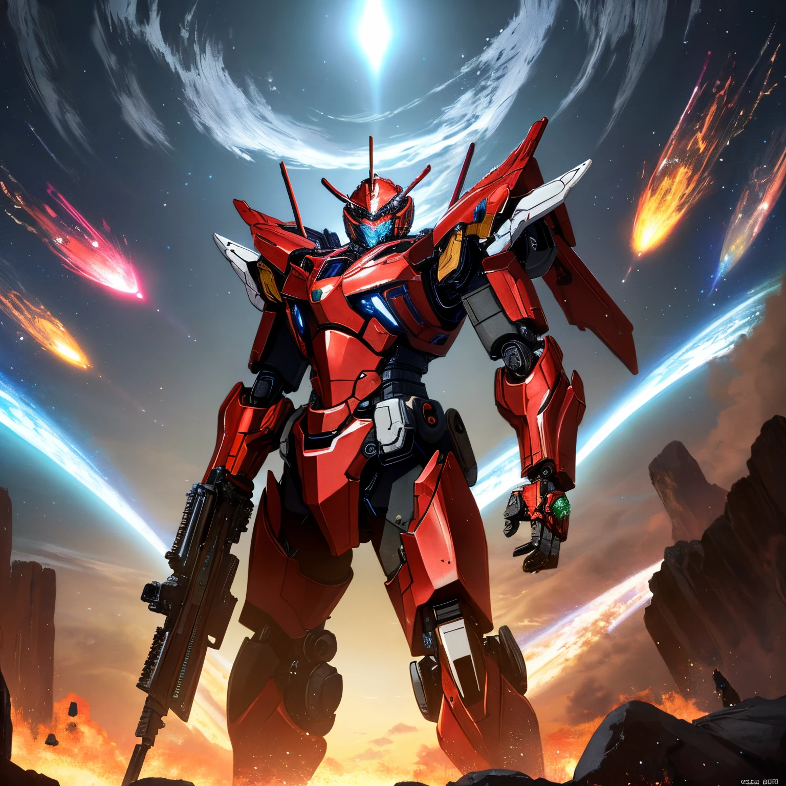 Absurd resolution, high resolution, (masterpiece: 1.4), hyper-detail, a mech, red armor, floating in cosmic galactic space (1.8)