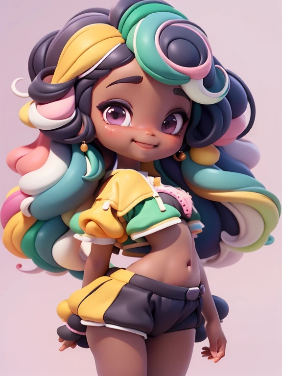 loli negra multicolor, fofa, roupas delicadas e grandes, tons pastel multicolor, sorriso meigo e delicado, corpo inteiro, olhos delicados e cabelos multicolor, fundo simples e branco