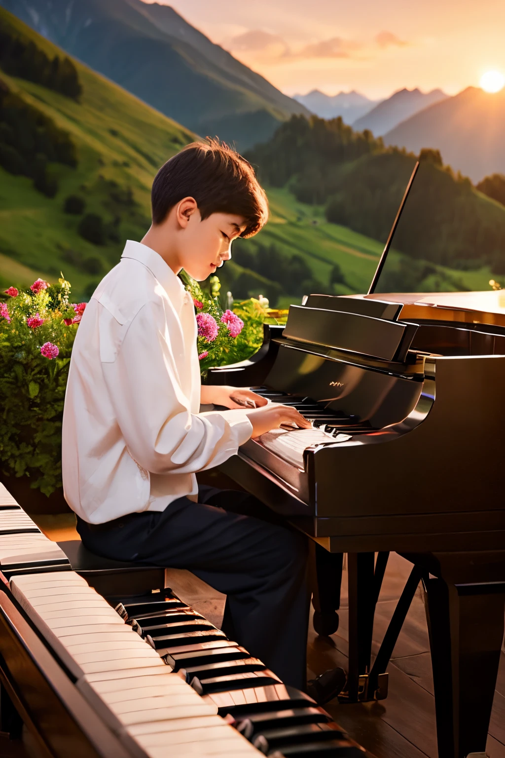 Reach new musical heights with a young prodigy playing her piano. Join him as his melodies echo through the mountains, harmonizing with the stunning sunset.