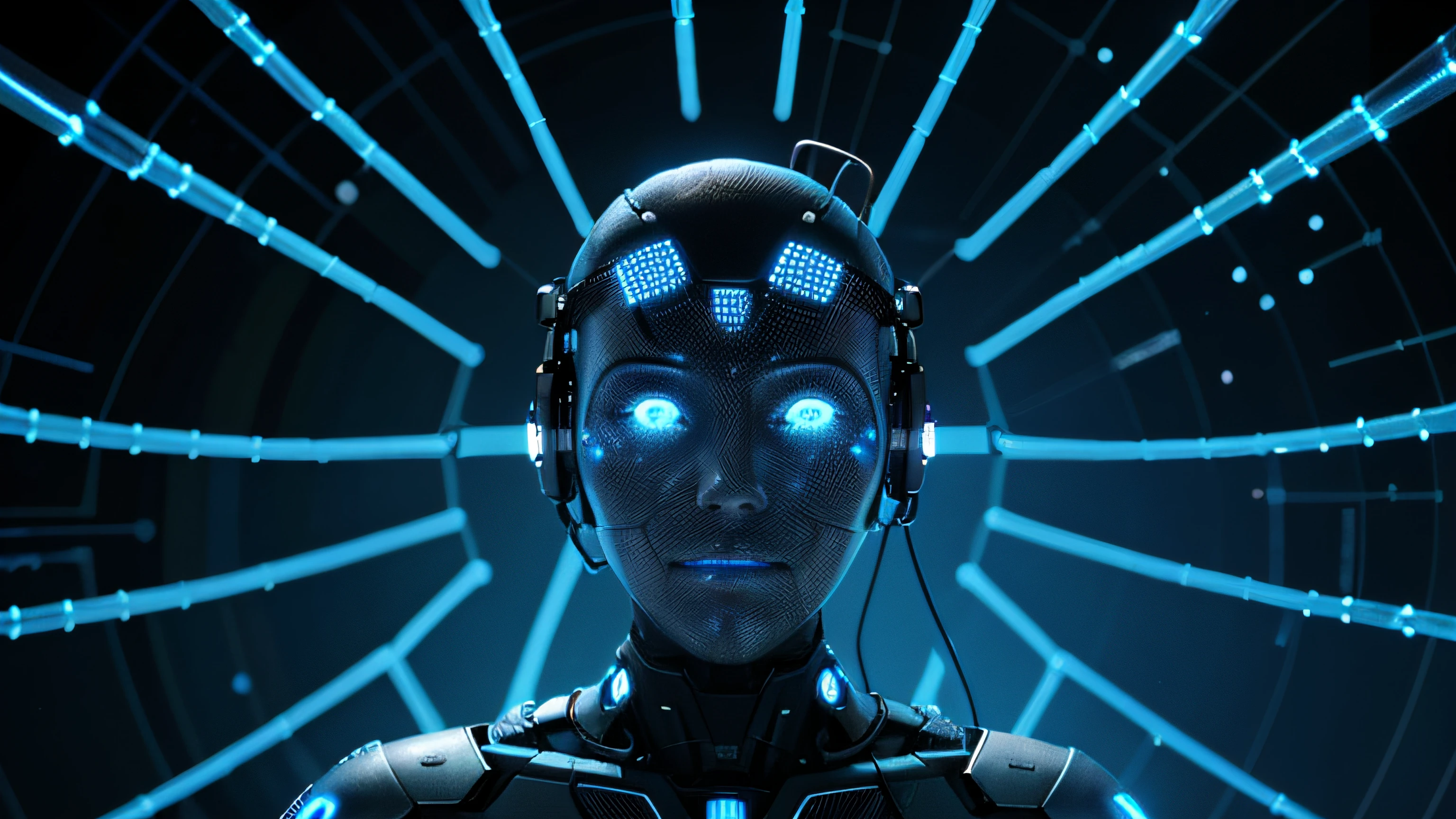 Blue technology abstract background with a cybernetic network grid and connected particles. artificial neurons, global data connections