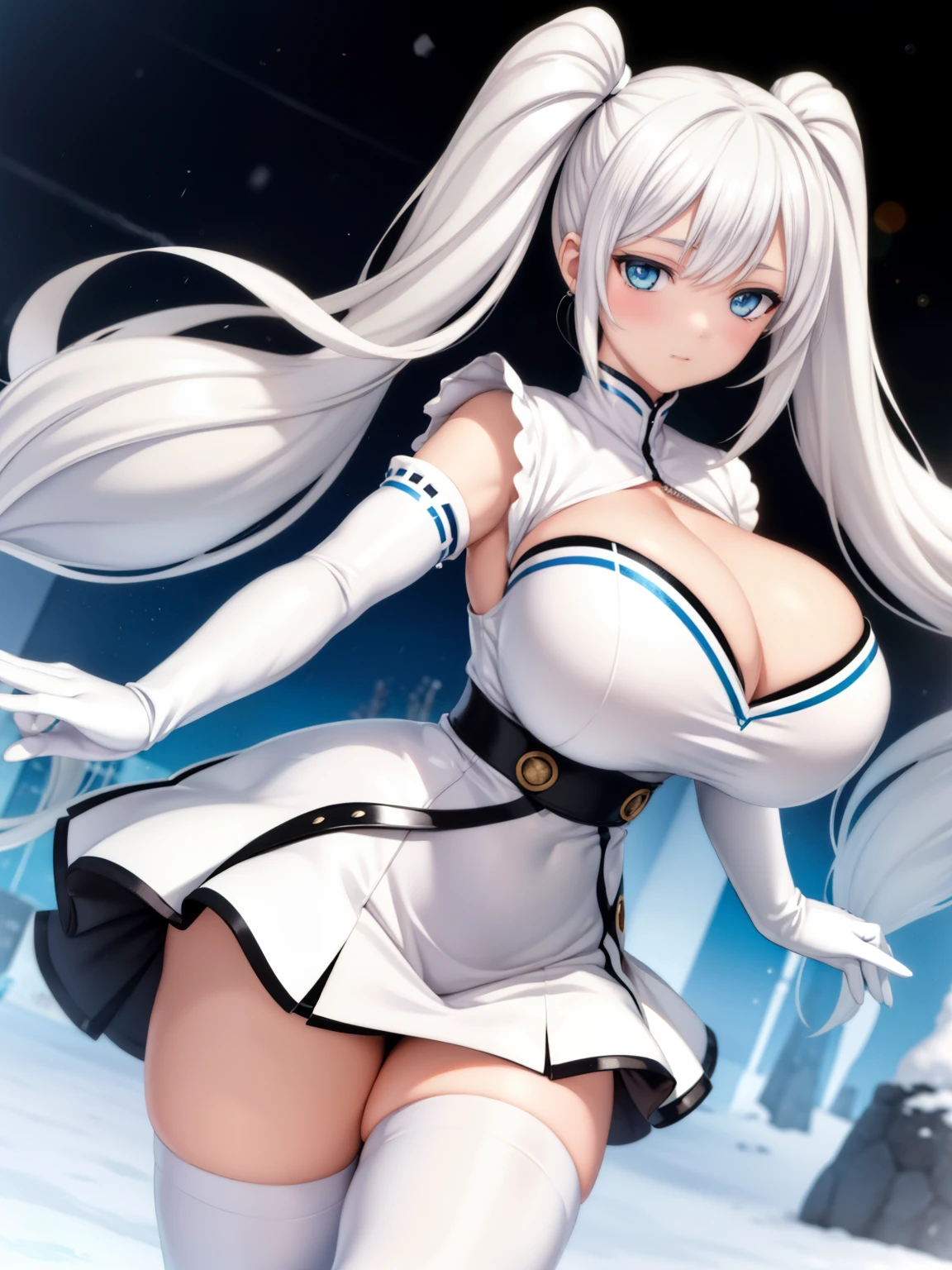 big breasts beautiful, Young woman, In the crystal and ice zone, drifting snow, White hours, Gradient hair, White hair, white hairs, twintail hair, eyes reflection, disdain, Ray traching, reflective light, blurry, Glowing light, depth of fields, lightand shade contrast, stereograms, zoom layer, cowboy lens, f/2.8, Bokeh, tmasterpiece, best qualtiy, high qulity, k hd,White stockings