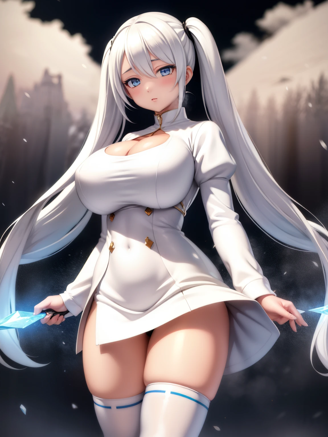big breasts beautiful, Young woman, In the crystal and ice zone, drifting snow, White hours, Gradient hair, White hair, white hairs, twintail hair, eyes reflection, disdain, Ray traching, reflective light, blurry, Glowing light, depth of fields, lightand shade contrast, stereograms, zoom layer, cowboy lens, f/2.8, Bokeh, tmasterpiece, best qualtiy, high qulity, k hd,White stockings