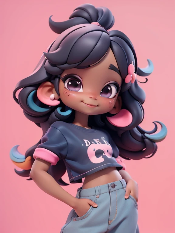 Avatar loli negra multicolor, tons multicolor, sorriso meigo e delicado, vestida com moletom, pants and t-shirt, corpo inteiro, pele escura e olhos delicados e definidos,cartoon 3D com blusa delicada, casaco peludinha, cabelos multicolor, fundo simples e branco
