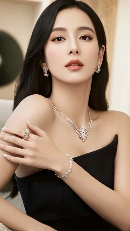 a woman in a black dress is wearing a diamond necklace and earrings, bvlgari joias, vestindo joias elegantes, Estilo Chaumet, Van Cleef & estilo arpels, Chaumet, jewelries, dicas de joias de prata, Estilo Bulgari, joias de platina, Estilo Boucheron, LV Joias, elegante e gracioso, joias de prata, photo of a hand jewellery model