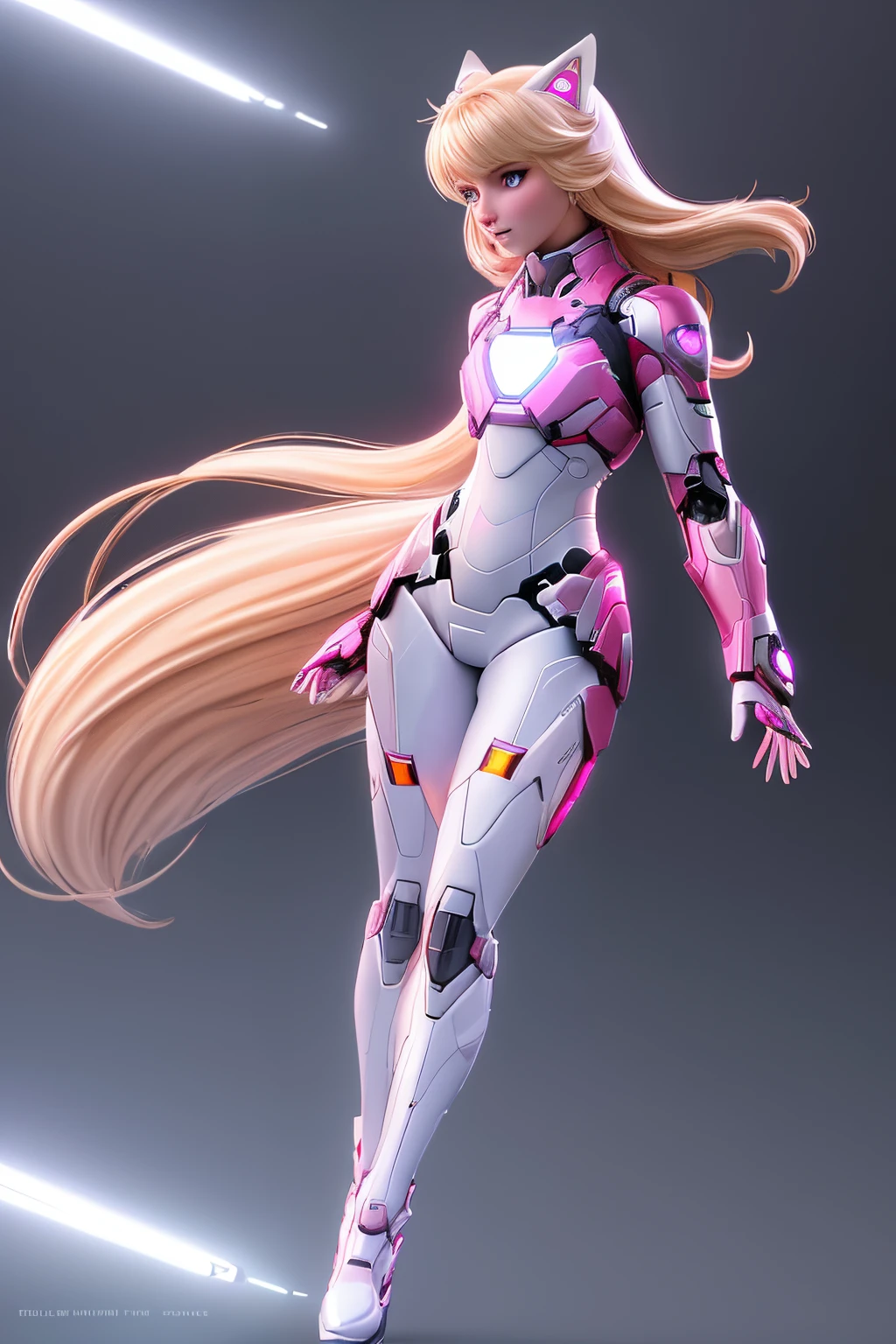 close up 1girl in, ager, Solo, Aesthetic artwork, blond, straight blonde hair, super long blonde hair, light blue eyes, some small freckles, pale skin, small breasts, cleavage, runners body, (thin hips, thin waist: 1.25), detailed skin, neutral face, shy smile, (action shot flying: 1.25), ((She(Side View), full body shot, she is wearing a futuristic Iron Man mech, pink and black color scheme, highly detailed)), (white fox ear, white fox tail:1.25), very detailed city roof background, rooftop, overlooking midnightcity, 24mm, 4k textures, soft cinematic light, RAW intricate, elegant, highly detailed, sharp focus, ((((cinematic look)))), soothing tones, insane details, intricate details, hyperdetailed, low contrast, soft cinematic light, dim colors, exposure blend, hdr, faded