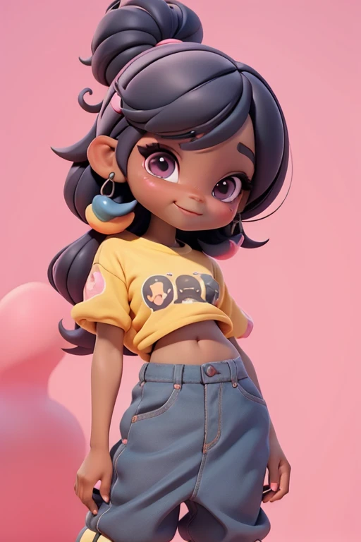 (obra-prima), (melhor qualidade), (ultra-detalhado), (corpo inteiro: 1.2) loli menina negra, leve e detalhado, sorriso claro, corpo inteiro, :3, cabelo multicolor, curto, preso, pavor, moderno, Modern accessories, fundo tom pastel , colorido e simples.